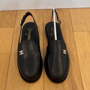 CHANEL style Black Slingback Loafers with Silver Logo
